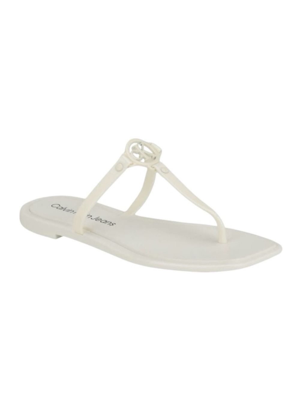 Calvin Klein Edhen T Strap Flat Sandals Patent Logo Flip Flops White 10 NEW